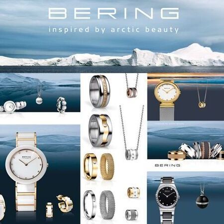 Produktcollage mit Uhren, Ringen und Ketten der Marke Bering vor arktischem Hintergrund mit Eislandschaft, oben mittig der Slogan inspired by arctic beauty.